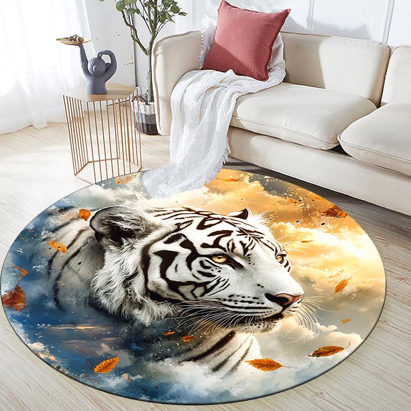 White Tiger with Falling Leaves Round Area Rug,Carpet Rug for Living Room Bedroom Sofa Playroom Decor,Non-slip Floor Mat