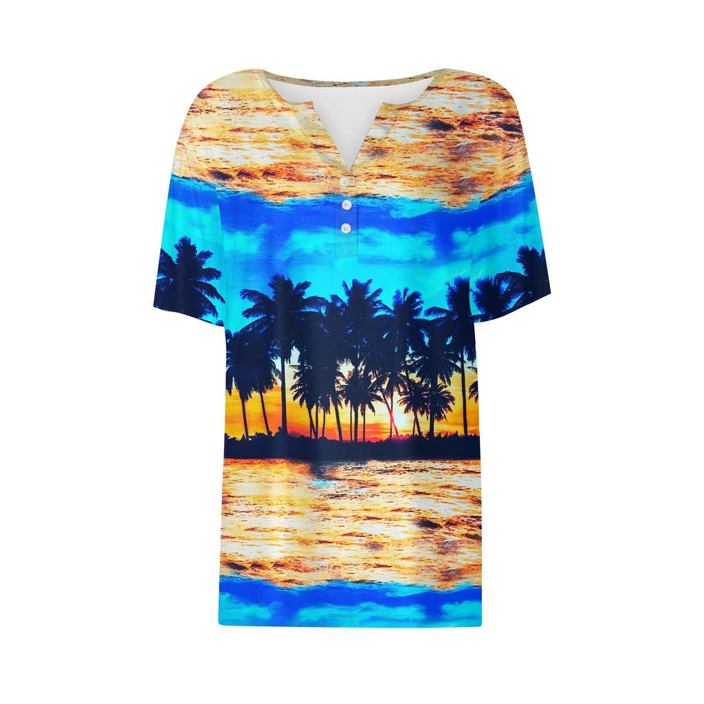 Women's T Shirt Print Button Short Sleeve Daily Weekend Fashion Basic V- Neck Regular Top