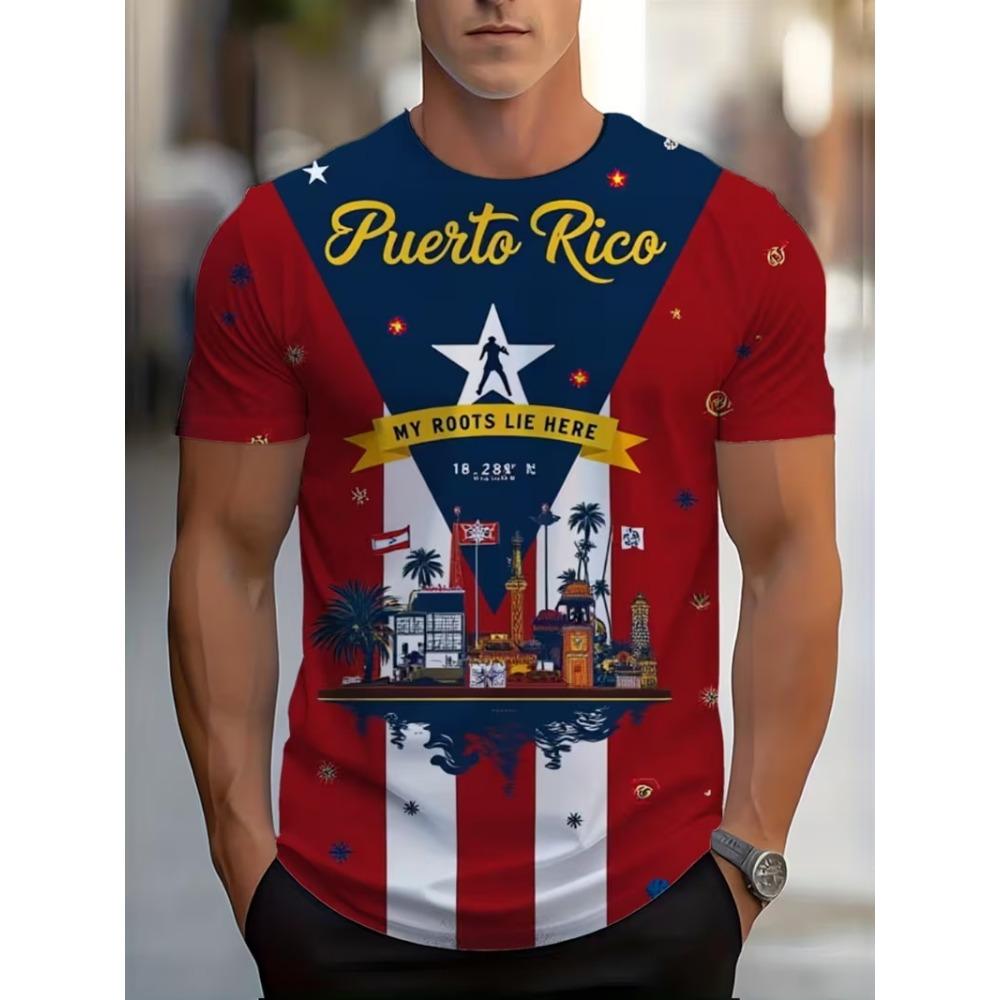 Men Puerto Rico Flag Symbol Fortress Landscape Print T-shirt Summer Short Sleeve O-Neck Patriotic Puerto Rican Sports Tee