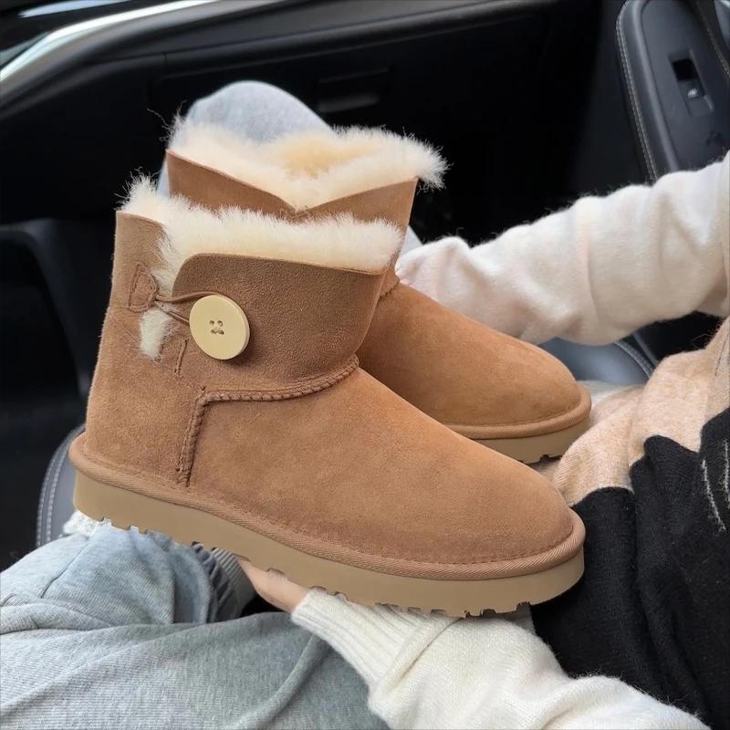 Fashion One Button Low Cut, High-end Quality 2-in-1 Genuine Leather, Real Wool, Sheepskin Fashionable and Warm Chestnut Thick Snow Boots