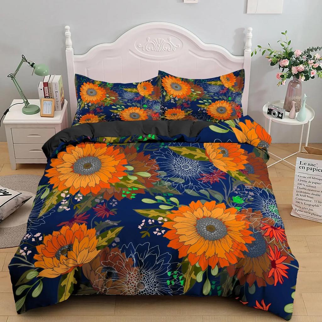 Sunflower Cow Bedding Set Kids Yellow Floral Cattle Duvet Cover King/Queen Size for Girls Teens,Western Bull Decor Quilt Cover