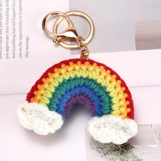 Gestrickter Anhänger Regenbogenfarben Herz Blumenform Häkel-Schlüsselanhänger Weiches Baumwollgarn Handgemachter Taschenanhänger Autoschlüssel Rucksack-Accessoire