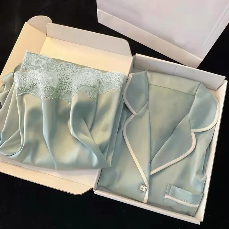 

Сексуальная женская пижама с коротким рукавом и лацканами, кружевной кардиган для студентов, комплект из 2 предметов, ночная одежда, домашняя одежда для девочек, модная пижама XXL зелёный