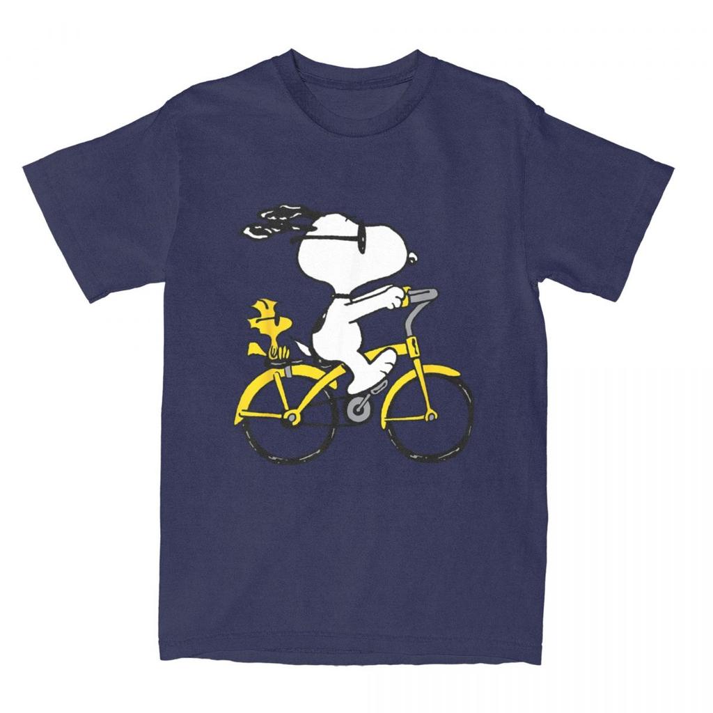 Miniso Peanuts Snoopy  Woodstock Riding Bike TShirt Men Women Leisure Cotton Tee Shirt O Neck T Shirts Gift Idea Clothing