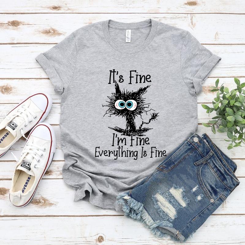 Fine Everything Is Fine Funny Cat Print T-Shirt Men's and Women's Casual Top Funny Cat Summer Loose Short Sleeve Shirt