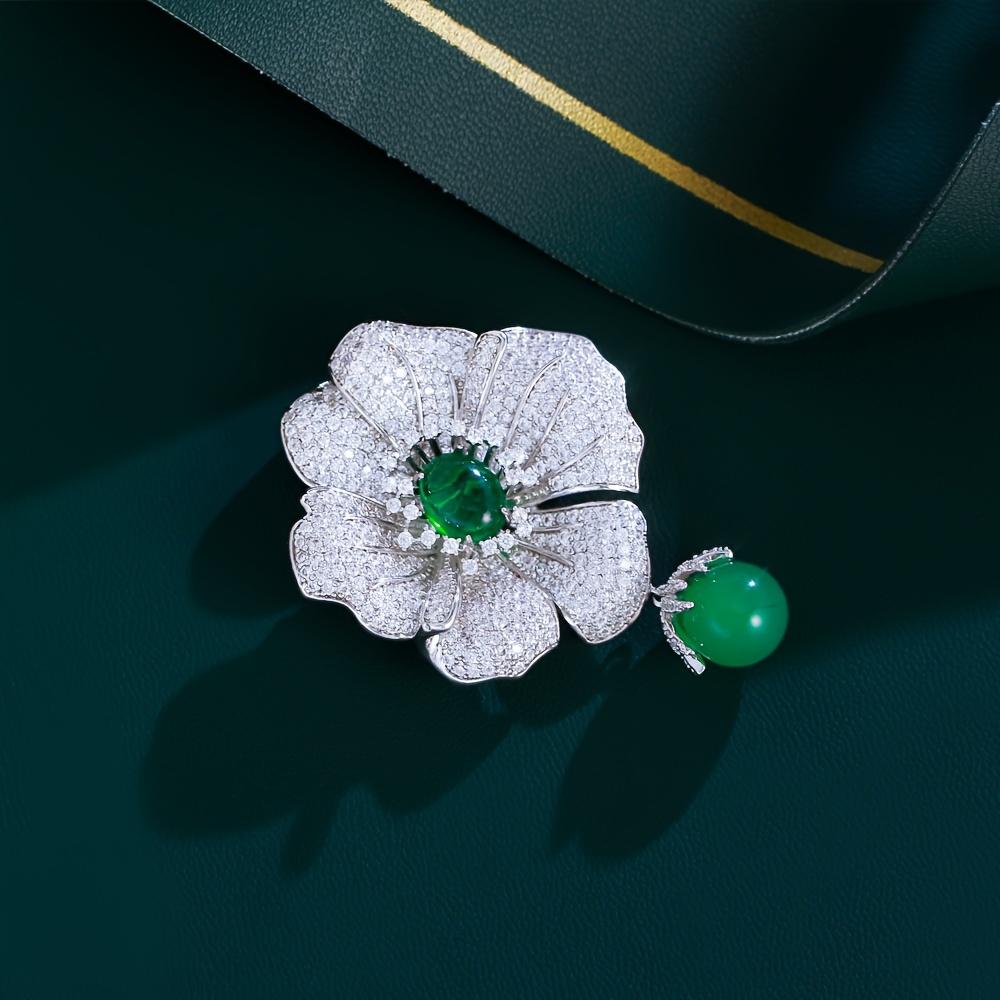 Elegante Spilla Lussuosa a Forma di Grande Fiore con Zirconia Verde Lucida e Bianca per Donna Gioiello da Sposa Matrimonio Banchetto Festa