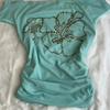 2KWEIRD Y2k Kleidung T-Shirt Damen Grün Perlenstickerei Blumen Vintage Sexy Crop Tops Street Fashion T-Shirts Schräger Kragen Enganliegend Ropa De Mujer
