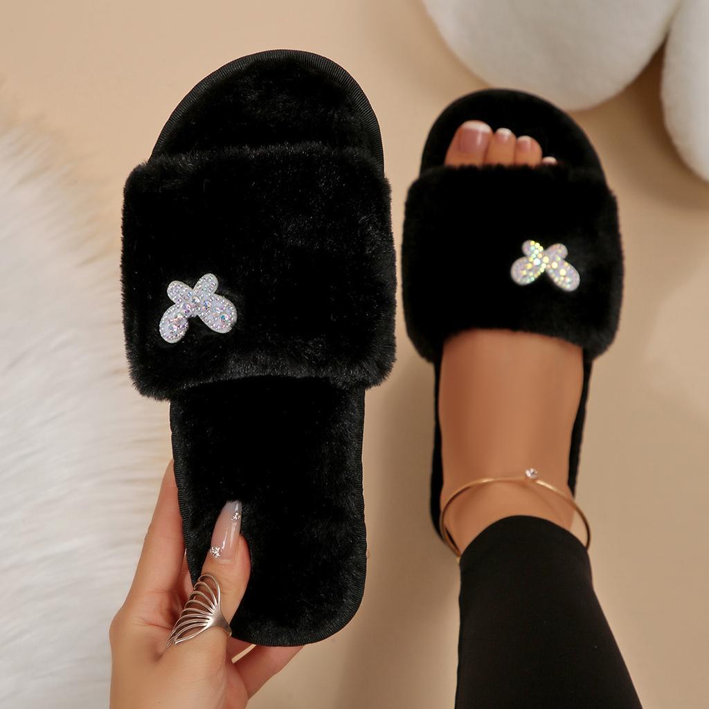 Fashion Luxury Glitter Butterfly Cotton Slippers Women 2025 Winter Warm Plush Non Slip Bedroom Slippers Fluffy Flat Indoor Shoes Woman