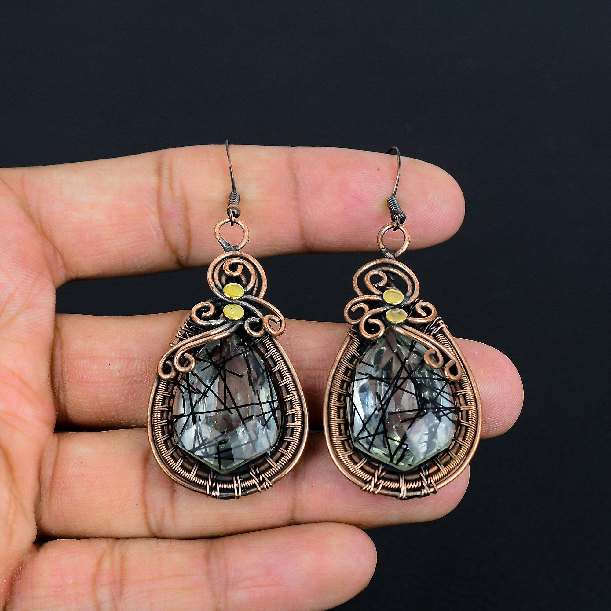 

Украшения с черным рутилом, серьги с драгоценными камнями, обернутые медной проволокой 999 пробы, серьги ручной работы, ко Дню памяти 2.75 Inches