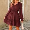 Women's Long-sleeved Casual Dress With Ruffled Edges, Fashionable V-neck, High Waist, A-line, Flowy And Short Bohemian