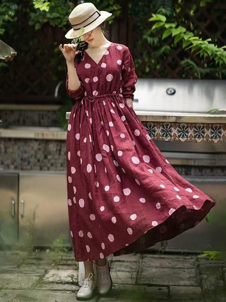 

Весна и осень 2025 г. Новое женское платье из хлопка и льна с V-образным вырезом и длинными рукавами, с талией и тонкой свободной повседневной длинной юбкой с длинными рукавами 2XL