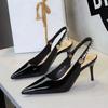 Women Pointed Toe Patent Leather High Heels Shallow Vamp Rhinestone Decorated Backless Strap Dress Shoes