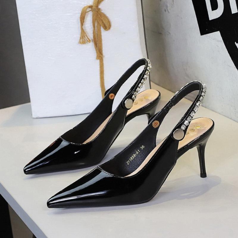 Women Pointed Toe Patent Leather High Heels Shallow Vamp Rhinestone Decorated Backless Strap Dress Shoes