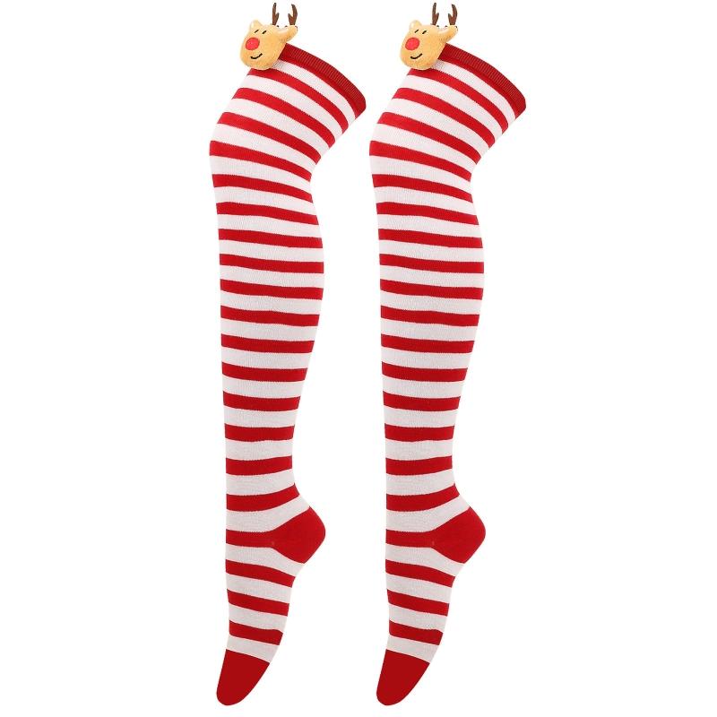 Damen Weihnachten Overknee Lange Socken Niedlich 3D Plüsch Hirsch Elch Gestreifter Druck Oberschenkelhohe Strümpfe Feiertagsparty Strumpfwaren