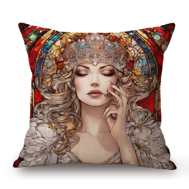 Nouveau Art Mucha Style Stained Glass Eleglant Lady Divine Witch Retro Decoration Art Sofa Pillow Case Linen Cushion Cover