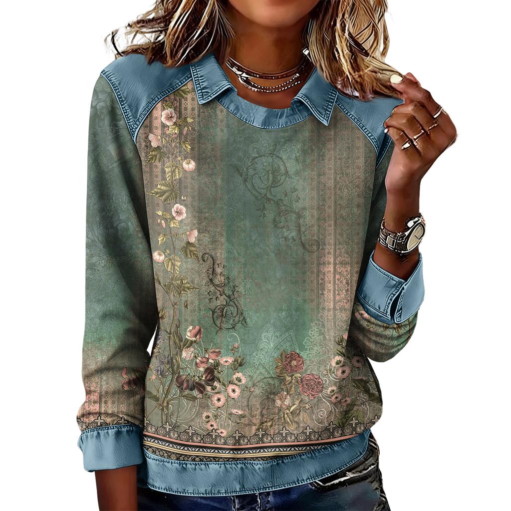 Dammode Utsvängd Långärmad Denim Patchwork Sweatshirt Tryckt Avslappnad Pullovertopp