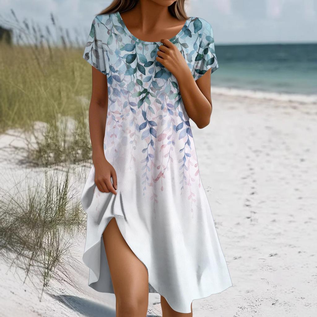 Short Sleeve Boho Dress For Women Casual Loose Fit Summer Sundress Floral Print Dress With Pockets