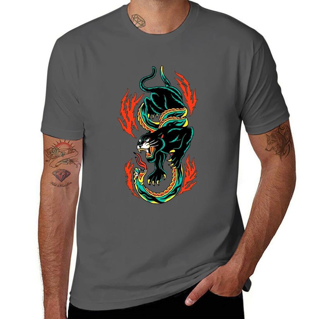 Traditional Black Panther Fighting Green Snake Tattoo Tshirt Holiday Vacation Tee Shirt
