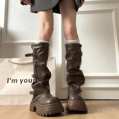Thick-soled Heightening Knight Boots Women's 2025 New Spring and Autumn Retro Brown Maillard Stacking Boots Medium Tube Boots