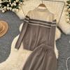 Autumn Winter Women Casual Striped Knitted Sweater Trouser Two Piece Set Polo Collar Pullover Tops and Pocket Pant Tracksuit