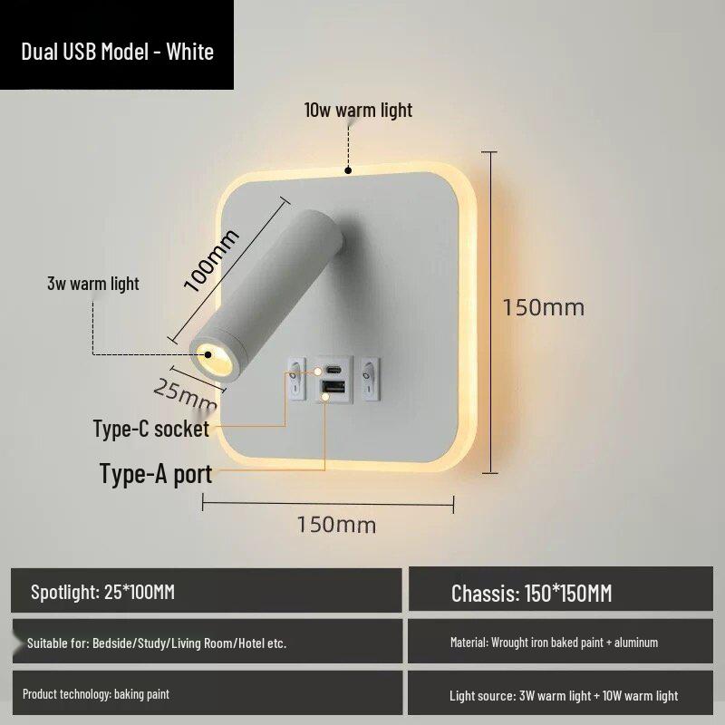 Modern Rotatable LED Bedside Wall Lamp with USB & Switch for Hotel Living Room