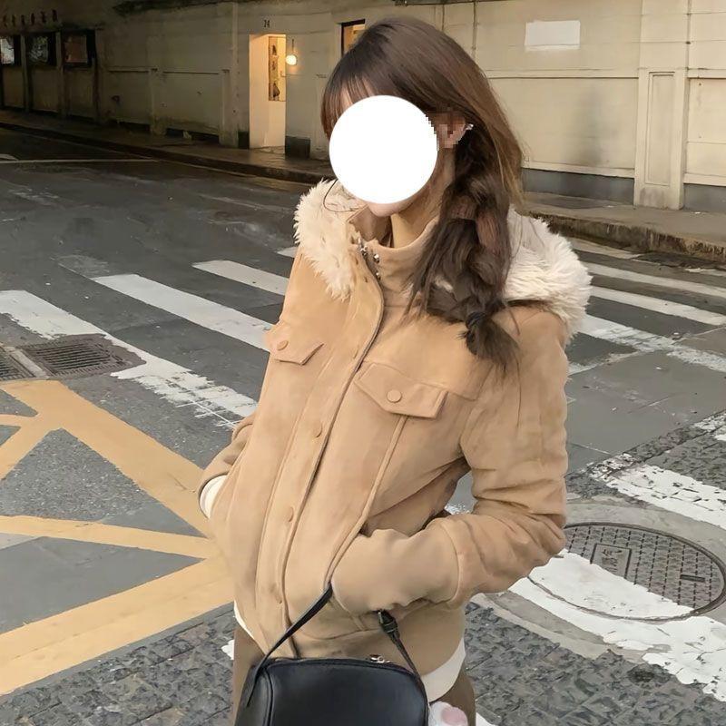 2025 New Retro American Spicy Girl Drop Shoulder Slimming Hooded Cropped Outerwear Large хаки