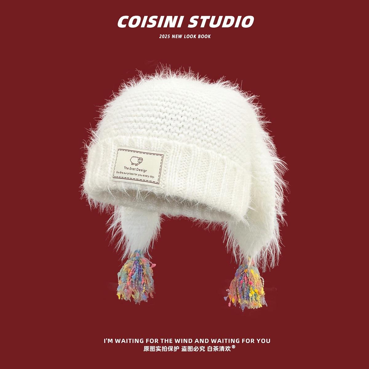 Autumn and winter clown cute rabbit ears wool hat women s warm versatile imitation rabbit fur color fringed knitted hat One size fits all