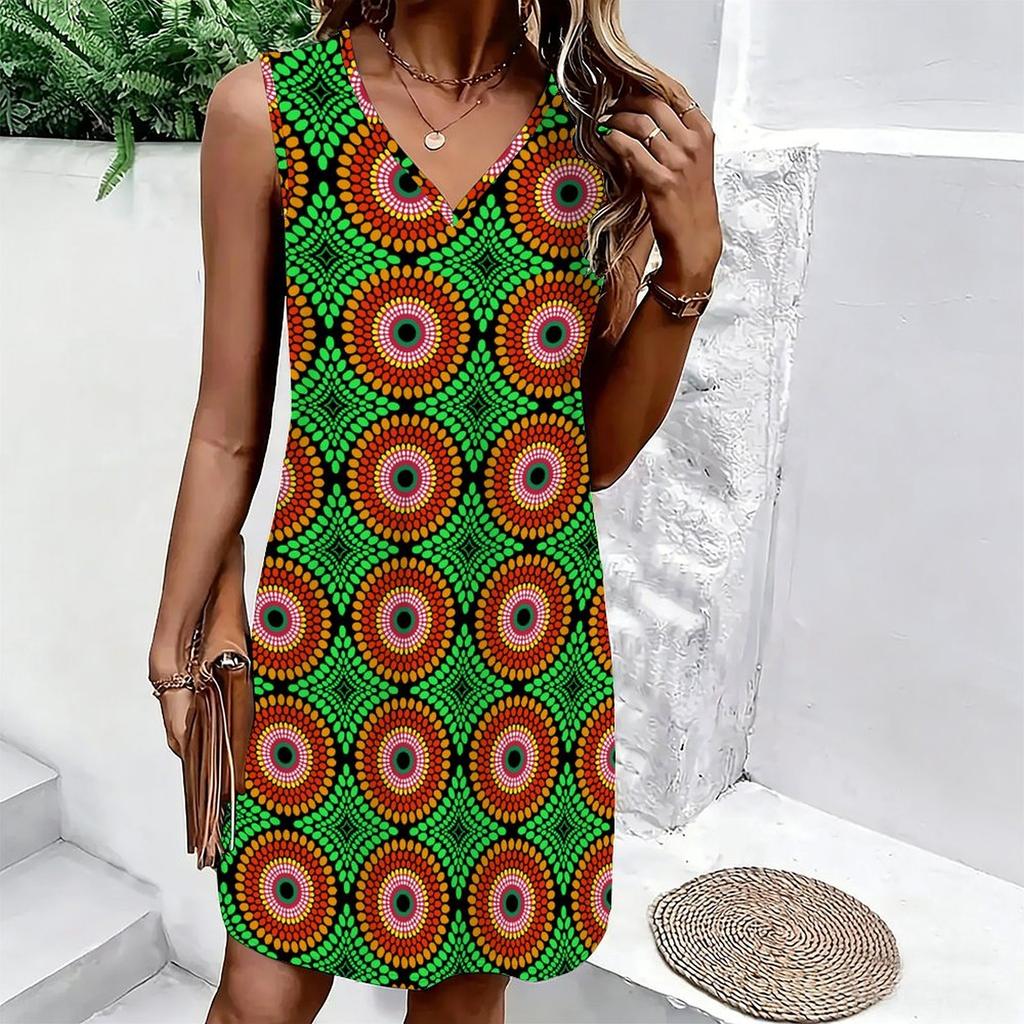 Plus Size V Neck Sleeveless Dress Far Mountain Cloud Ink Print For Wetland Park Tour