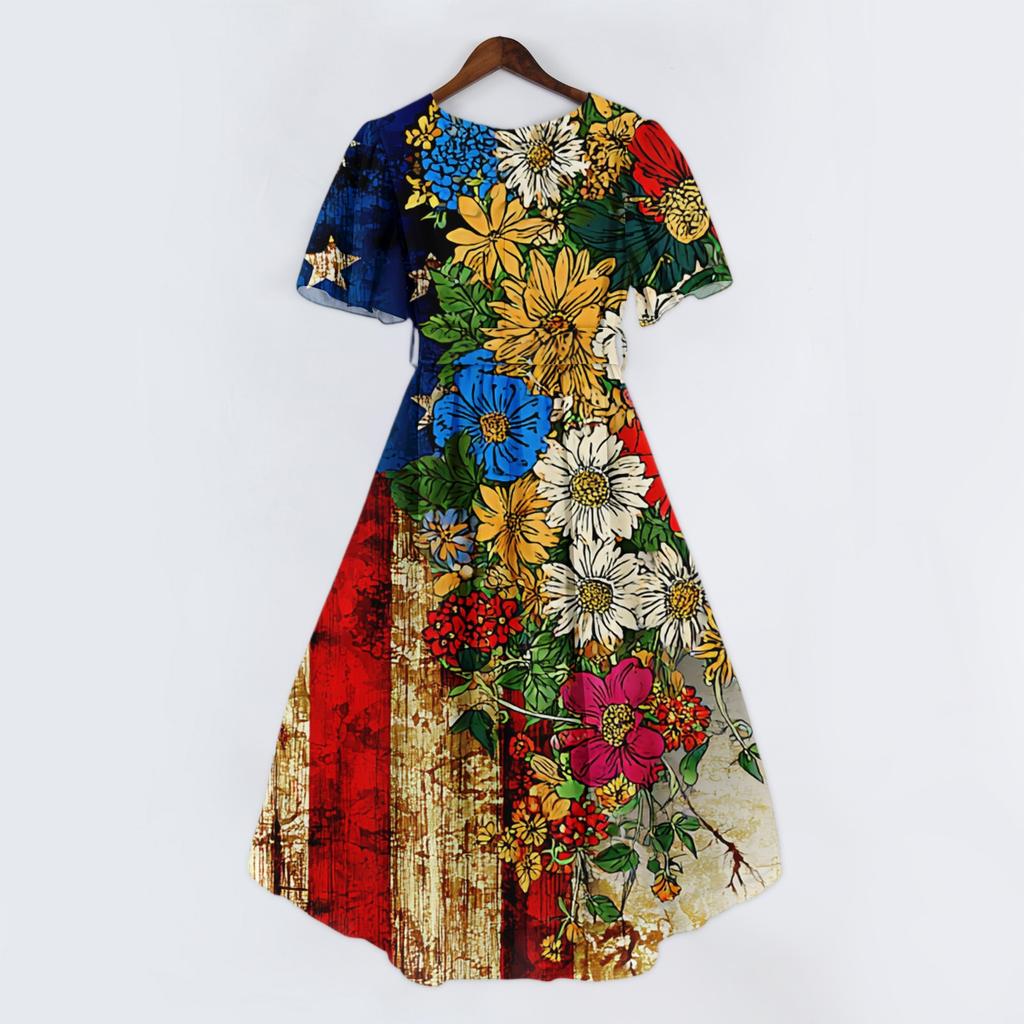 Women's Fashionable Casual V-neck Short-sleeved Independence Day Printed Dress