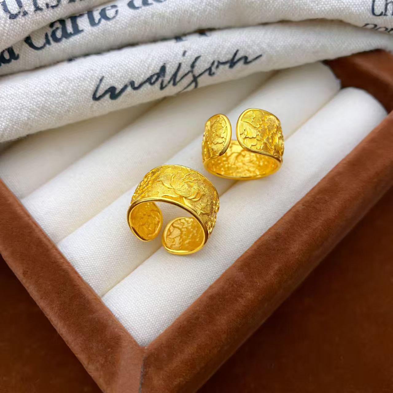 Vietnamese Peony Wide Band Ring: Gold Sand Solid Court Style for Women Peony Ring