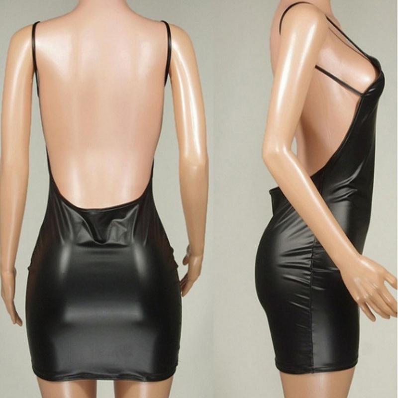 Ladies Sexy Halter Backless Dress Black Patent Leather Skirt Hip Dress Sexy Pajamas Super Short Dress