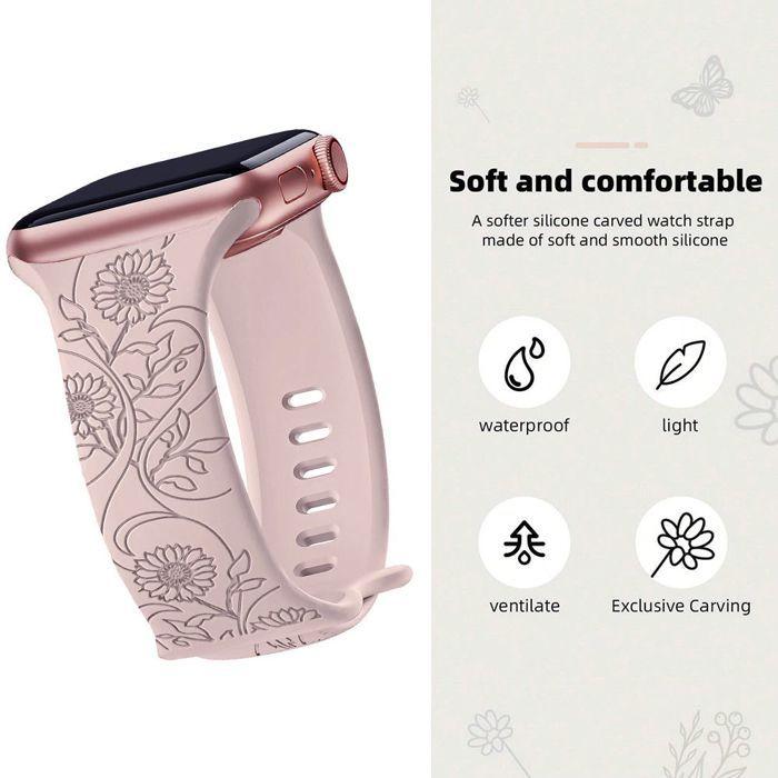 Bracelet pour Apple Watch Series 11 10 9 8 SE 7 6 5 4 3 2 1 Ultra 1/2/3, 42mm-44mm-45mm-46mm-49mm Silicone Motif Tournesol Rose