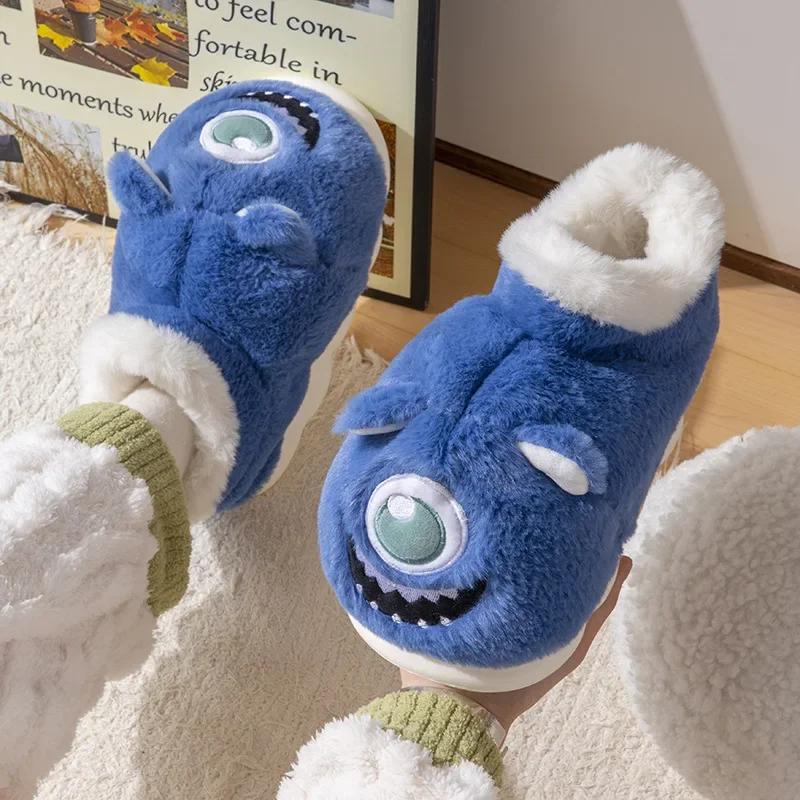 2024 Jesień/Zima Urocze Kapcie Bawełniane z Dużymi Oczami Pluszowe Ciepłe Kapcie Domowe Gruba Podeszwa Antypoślizgowe Kapcie dla Pary Wysokie Bawełniane Kapcie