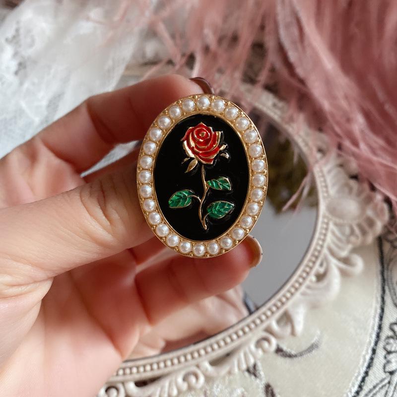 Exquisite French Retro Rose Enamel Pearl Brooch & 925 Silver Needle Earrings for Women