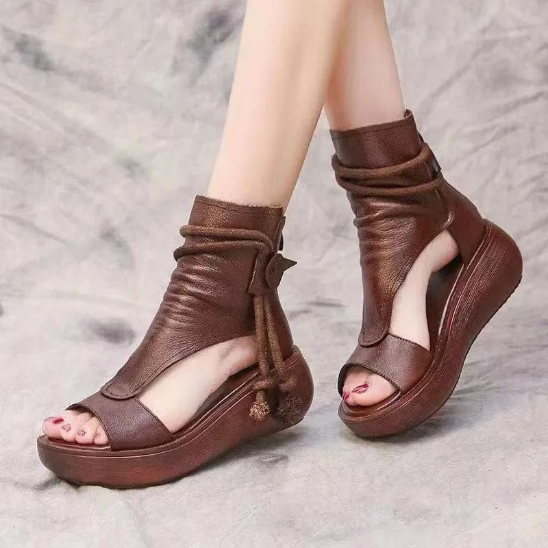 Vintage PU Leather Cool Boots Leisure Women Sandals Summer Mid Heels Wedges Shoe Sandalias Mujer Size 35-42