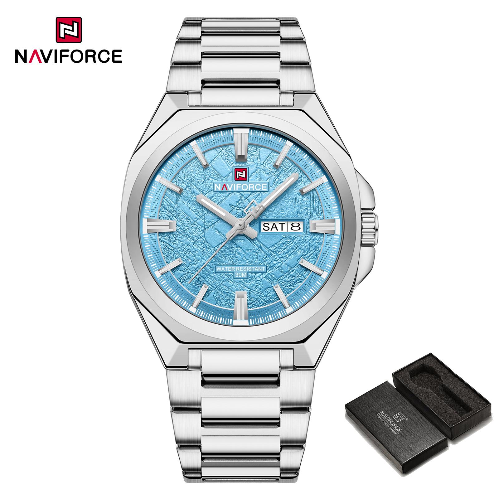 

NAVIFORCE Оригінальний Чоловічий Модний Годинник Календар Дата Люмінесцентні Стрілки Простий Циферблат 30м Водонепроникний Ремінець з Нержавіючої Сталі Чоловічий Діловий Годинник NF9273 срібний/синій