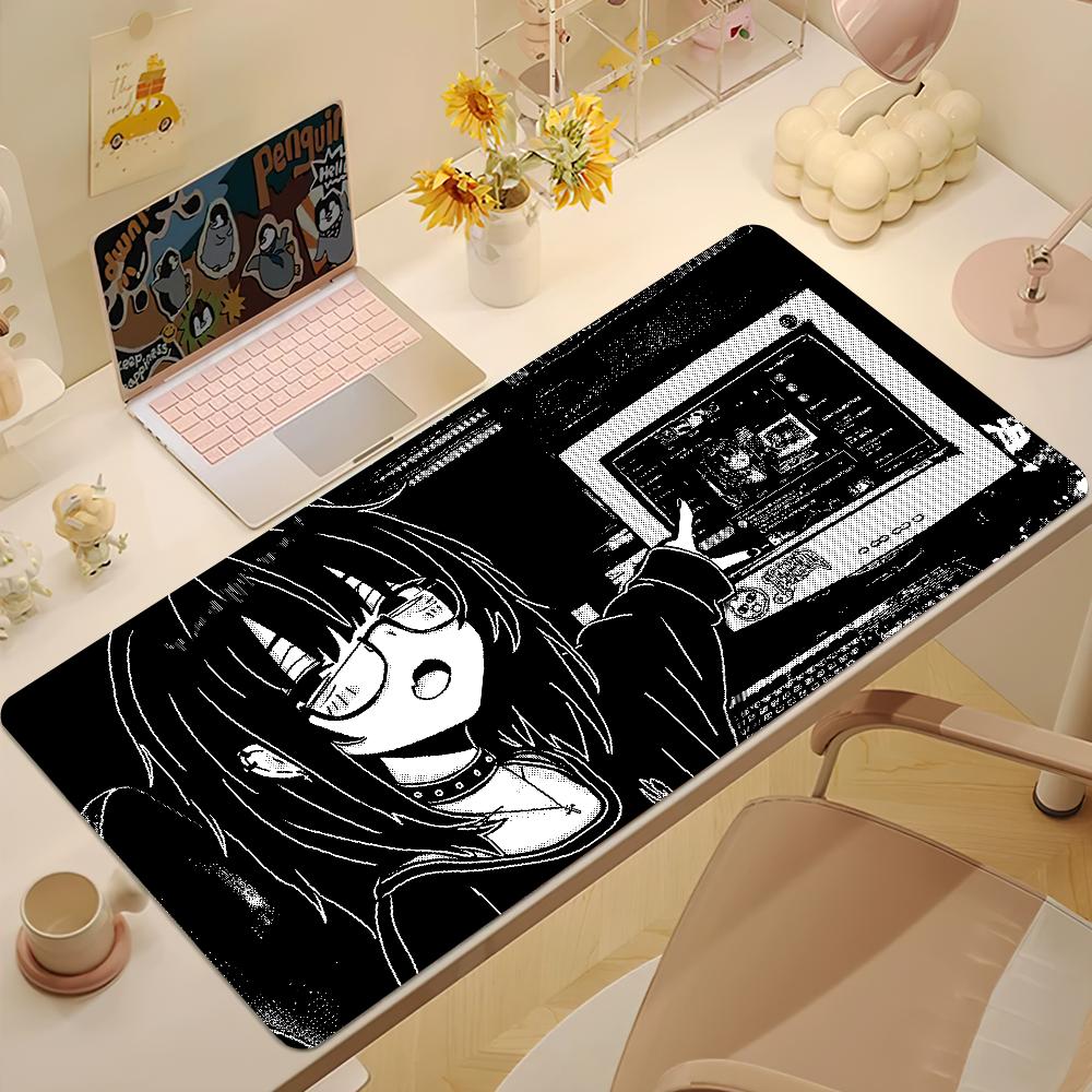 Tappetino Mouse Pixel Girl Anime Y2k Bianco Nero Antiscivolo Spesso Cuscino per Studente Ampio per Scrittura Gaming Bordo Bloccato Ufficio
