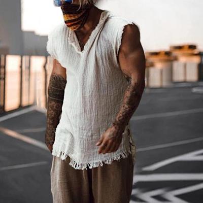 Men Tank Top Solid Color Male Garment Special Breathable V Neck Summer Vest Trendy Loose Type Ripped Edge