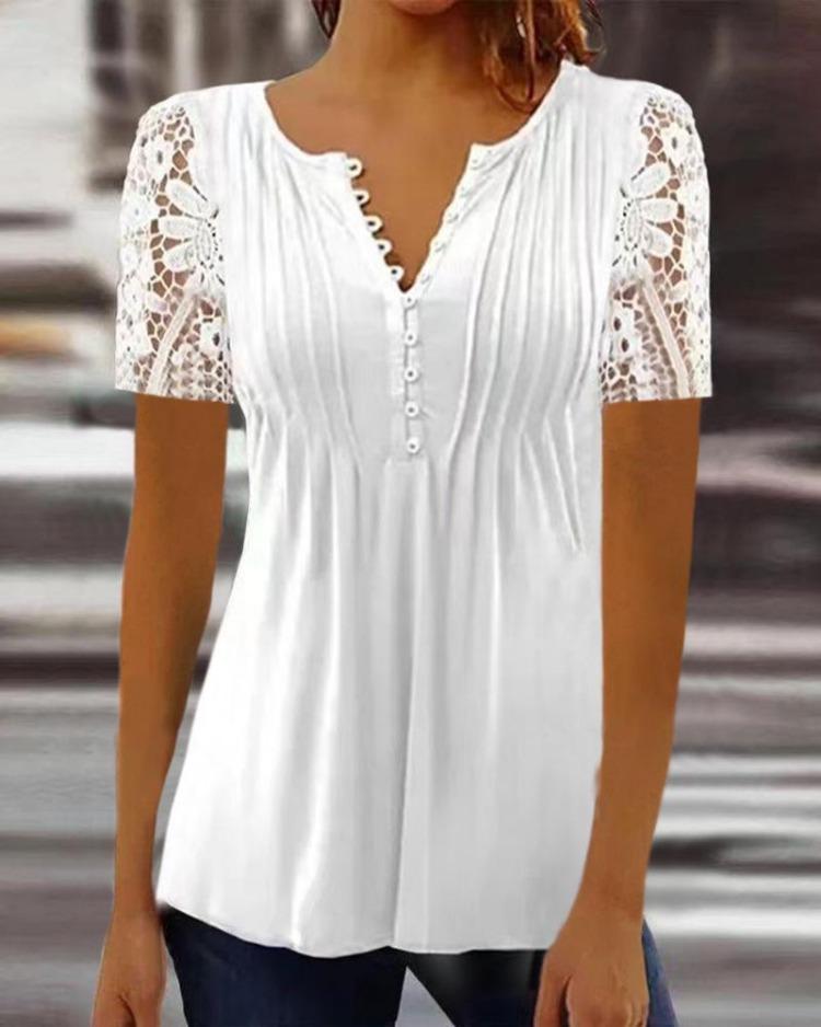 2023 Womens Pleated Lace Sleeve Short Sleeve Solid Color Button Up T Shirt Top