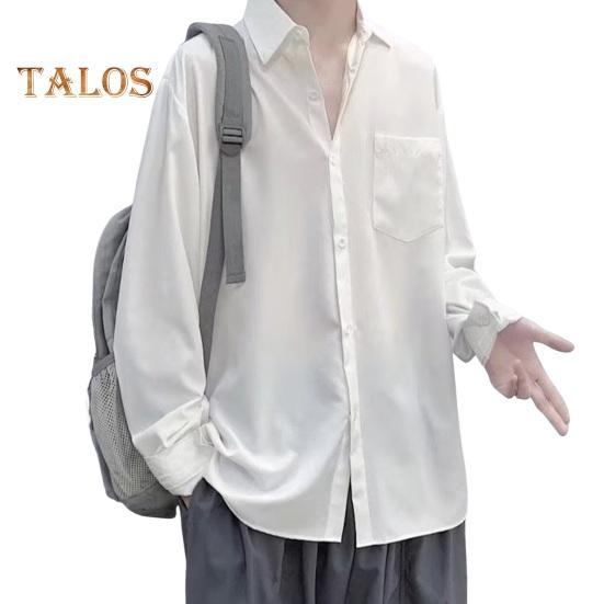 Men Spring Fall Shirt Turn-down Collar Loose Fit Retro Japanese Style Single-breasted Long Sleeves Pure Color Mid Length Young Formal Business Event