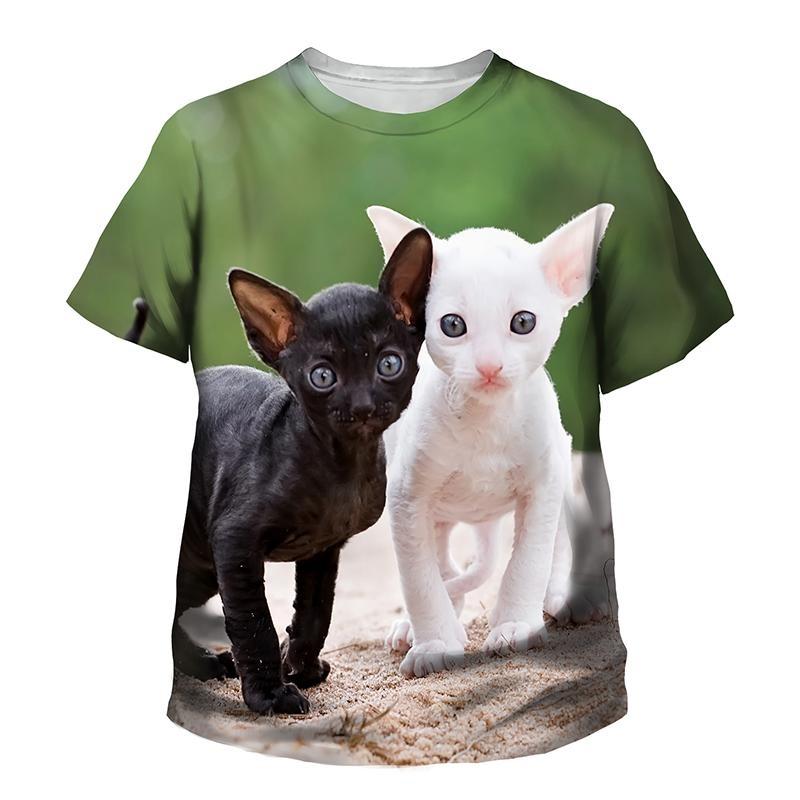 Summer Round Neck 3D Printed Cute Cat Pattern Top Fashionable Casual Short Sleeved Children's Boy and Girl Kids Unisex T-shirts