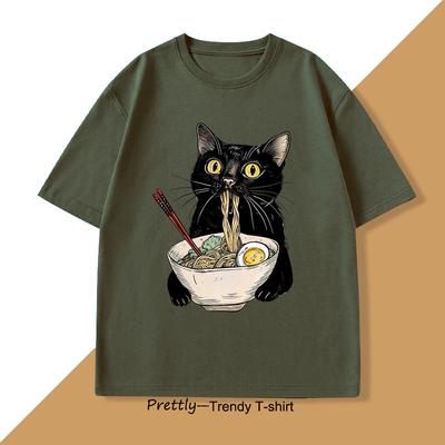Noodle Cat T Shirt Ramen Cat T-Shirt Foodie Lover Graphic T Shirts Retro Printing Men Women Tshirt Cotton T-Shirts Loose Clothes