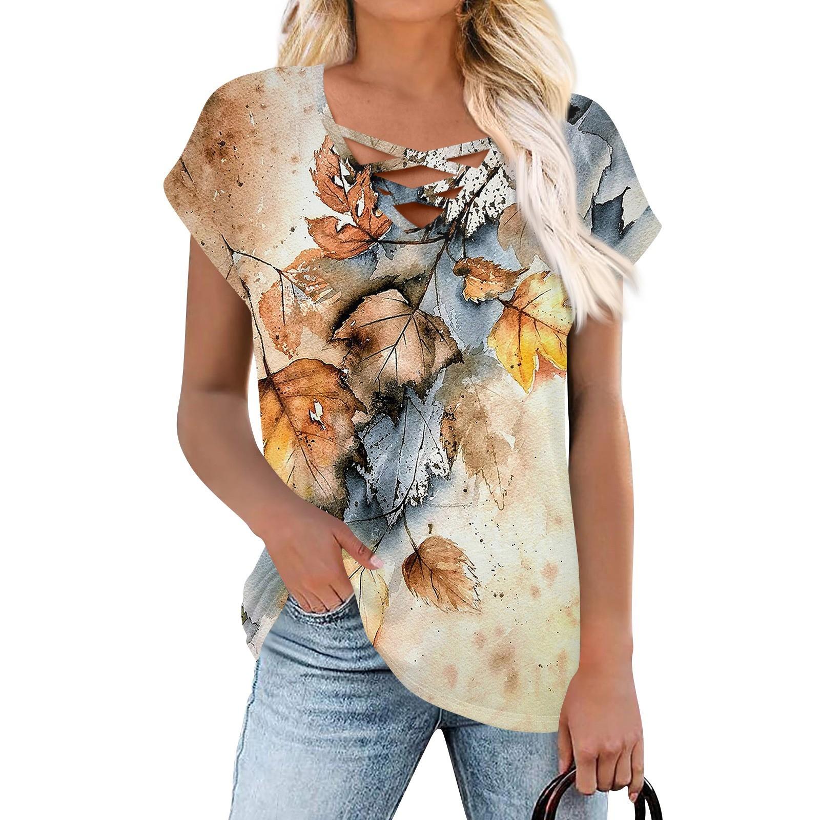 

Жіночі літні топи, сорочки з коротким рукавом, футболки з V-подібним вирізом, вільні блузки, футболки, повсякденна туніка S хакі