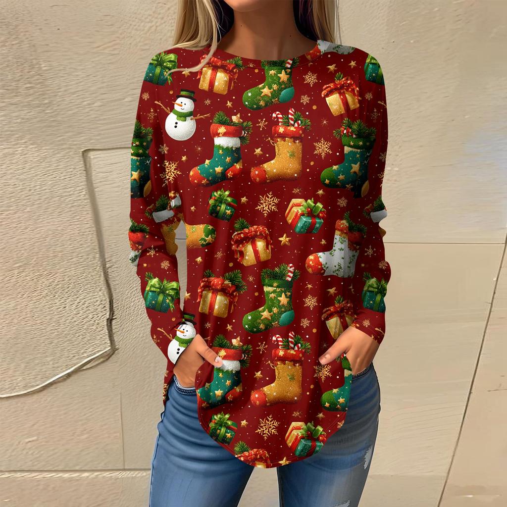 חולצות טי לנשים סתיו קז'ואל שרוול ארוך חולצות סווטשירט הדפס גרפי וינטג' טופ פולאובר יום האהבה