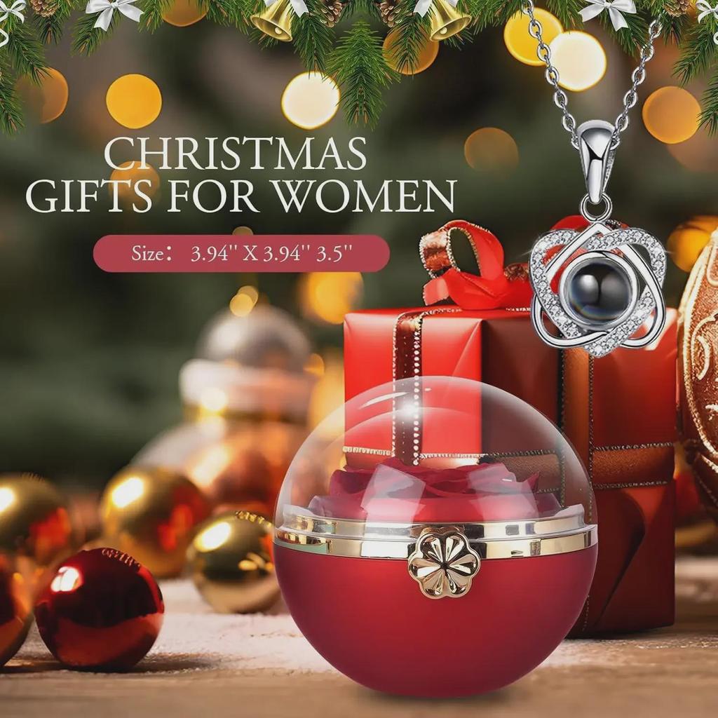 Rotating Rose Gift Box with Necklace and Ring - Valentine's Day Eternal Flower Jewelry Box