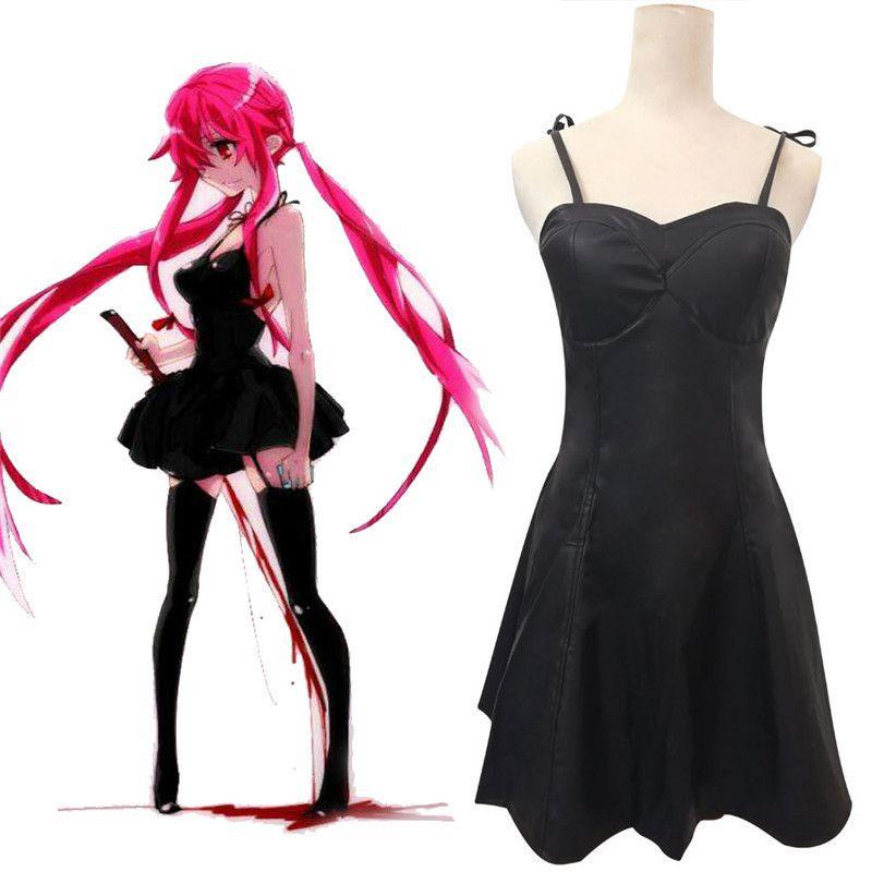 Diary Anime Future Mirai Nikki Gasai Yuno Cosplay Costume Pu Leather Dress Black