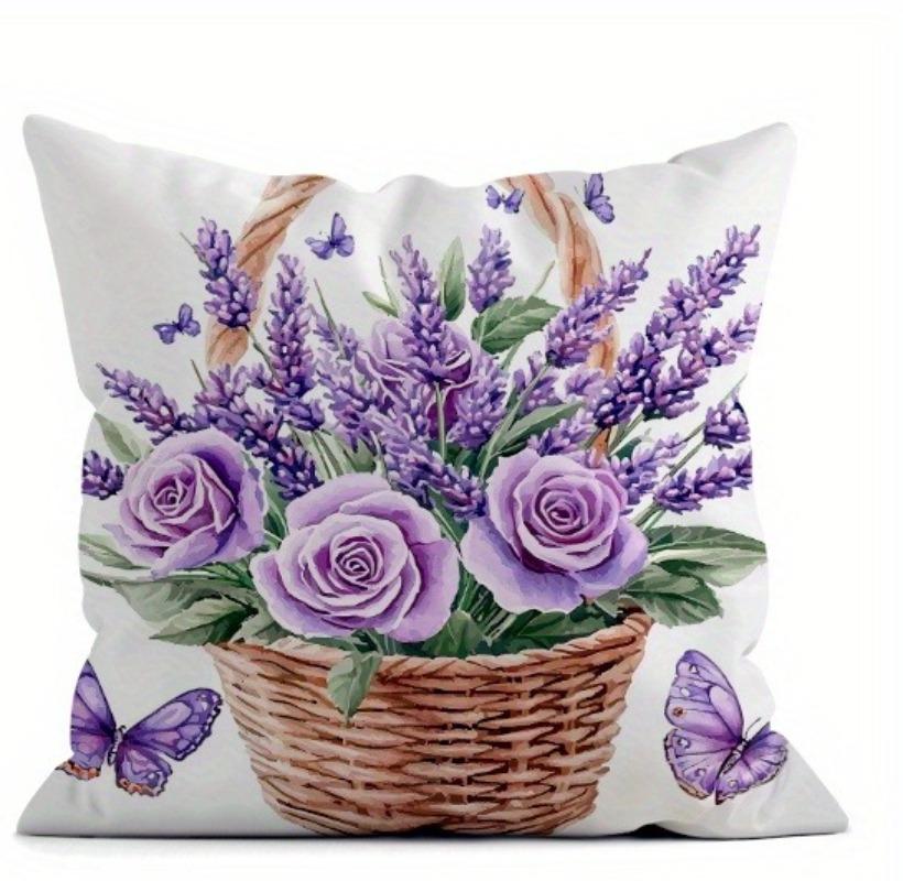 Polyester Purple Lavender Print Cushion Covers, Skin Velvet Zipper Closure Machine Washable Throw Pillow Cases for Home Decor