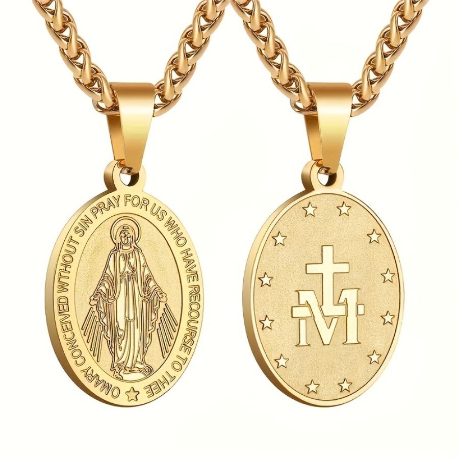 [Virgin Mary Necklace] Stainless Steel Virgin Mary Necklace with Cross Miracle Medal - 1pc Fashion Religious Gift Pendant, Unisex All-Season Accessory