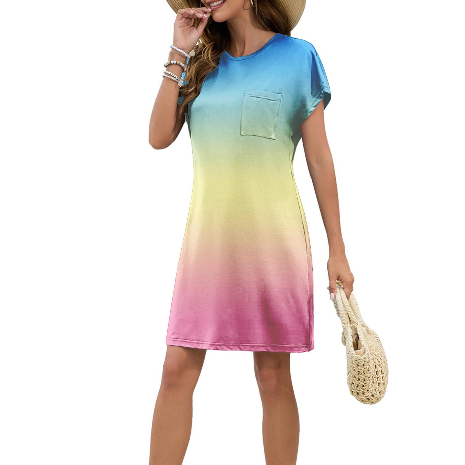 

Женское модное повседневное летнее платье с градиентным принтом, коротким рукавом и круглым вырезом S жёлтый