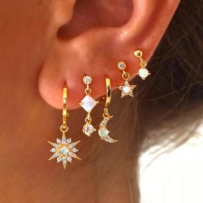 2PCS New Star Moon Zircon Opal Hoop Earrings for Women Stainless Steel Stud Earring Ear Buckle Piercing Jewelry Gifts Pendientes